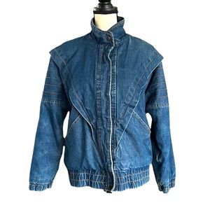 Vtg. Bomber Denim Jean triangular detail red plaid lined jacket. Sz.S